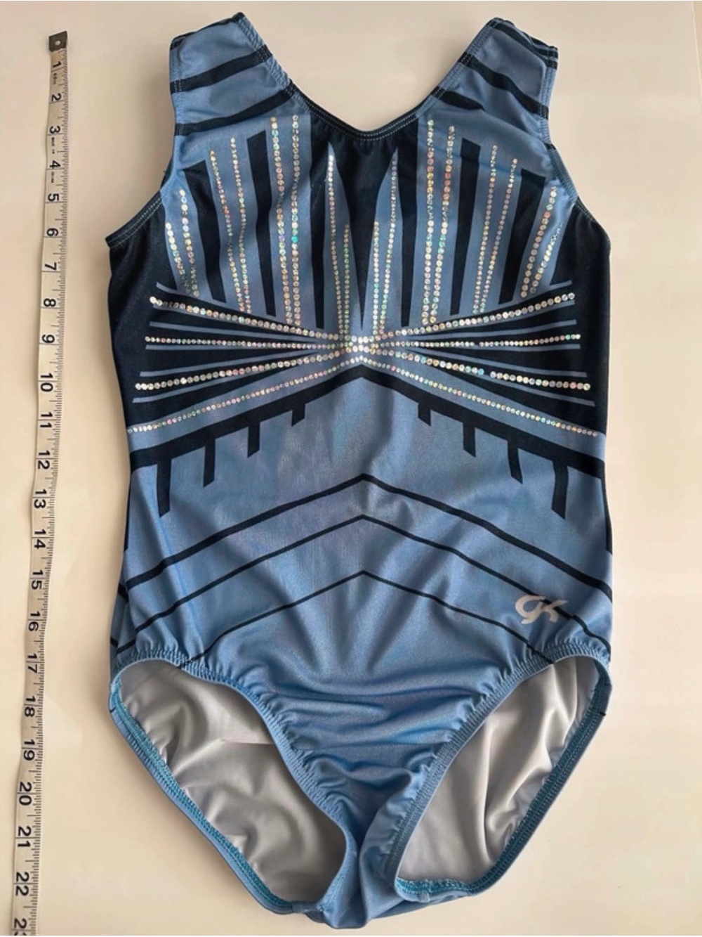 GK Light Blue & Navy Rhinestone Girls One-Piece Leotard